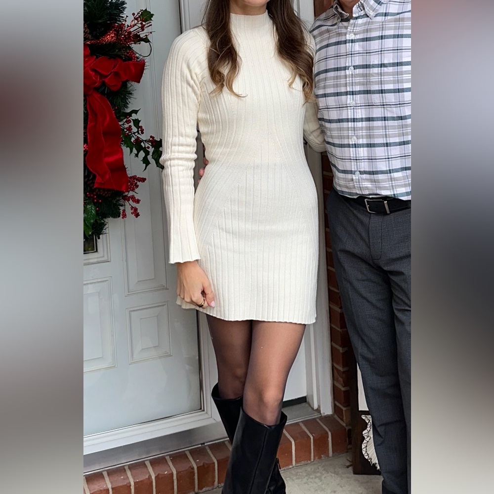Cream Ribbed Knit Sweater Dress